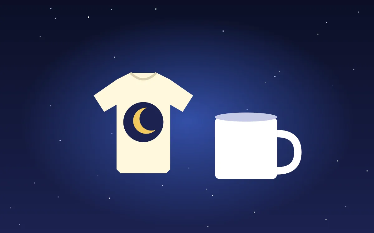 Illustration of a t-shirt with a moon design next to a white mug, for the products guide