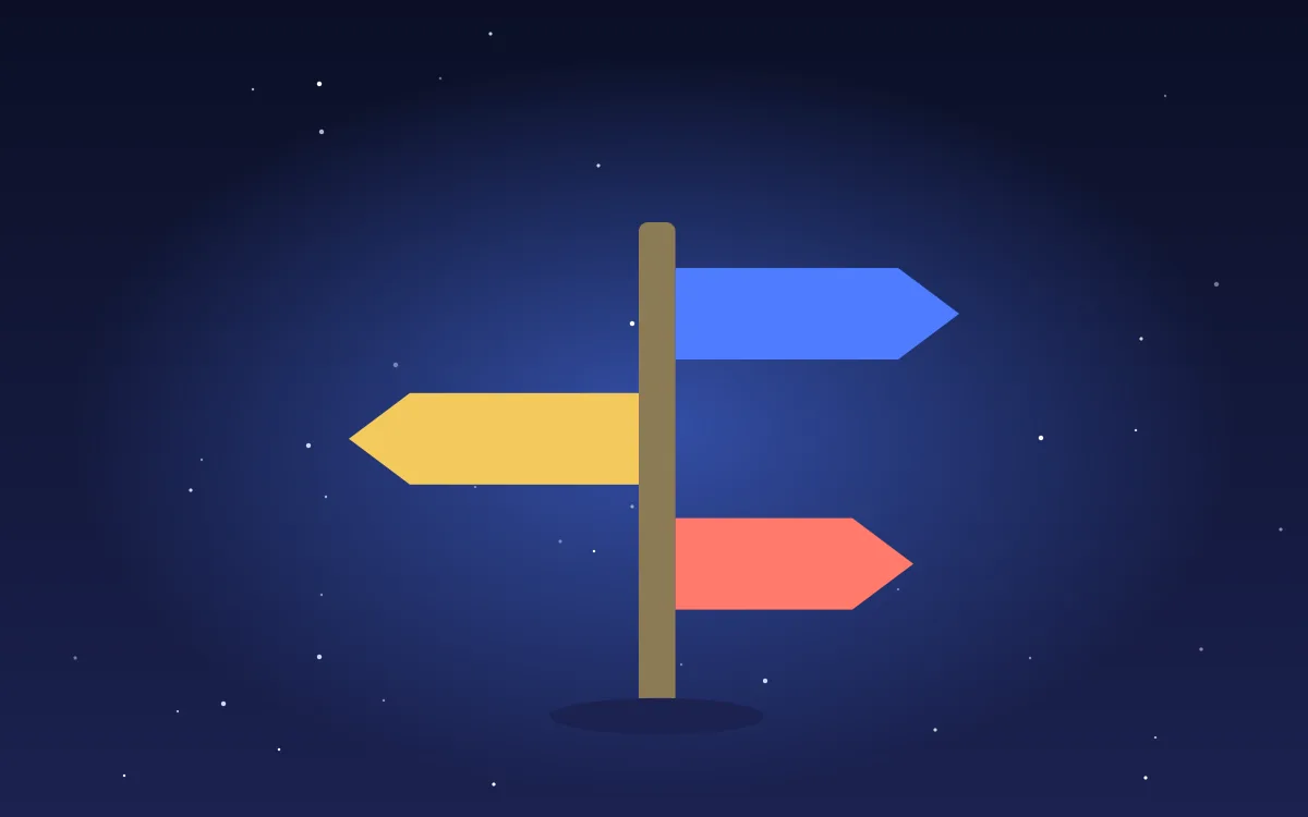 Illustration of a signpost with three arrows pointing different ways, for the Canva alternatives guide