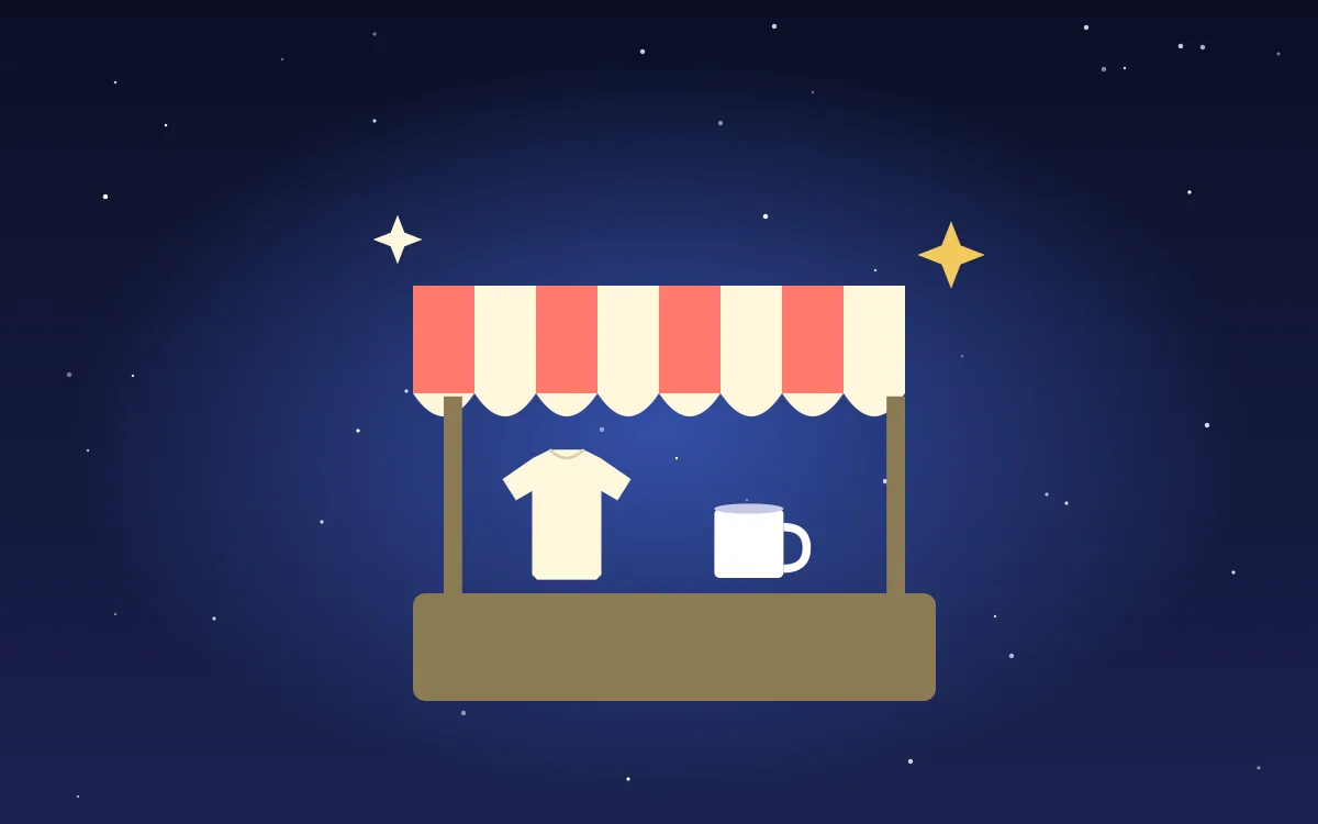 Illustration of a market stall with a striped awning, a t-shirt and a mug, for the Etsy guide