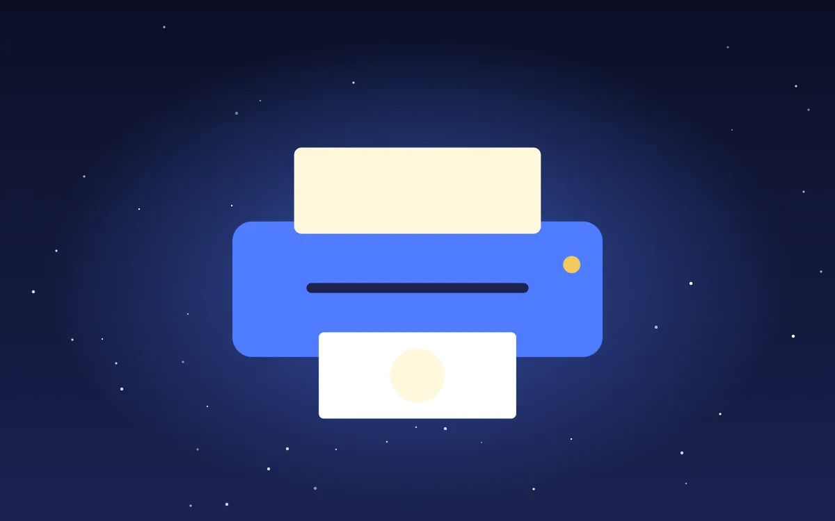Illustration of a blue printer with paper coming out, for the print on demand providers guide