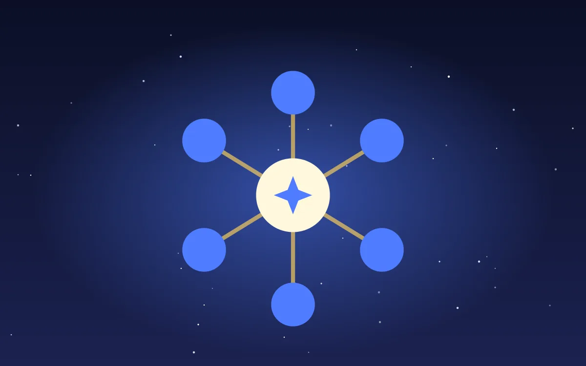 Illustration of a network of connected blue nodes around a star, for the Printify review