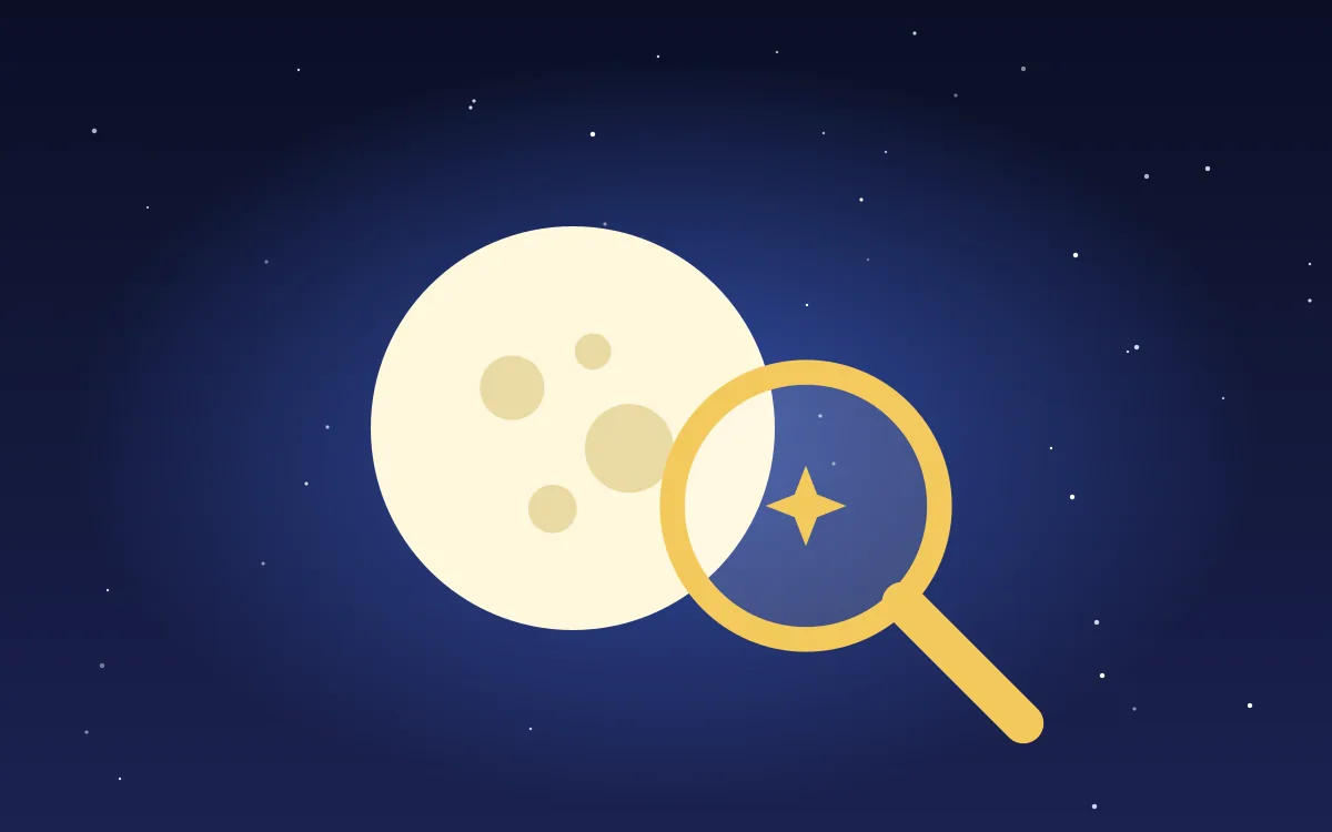 Illustration of a magnifying glass over a full moon on a night sky, for the Magicmoon review