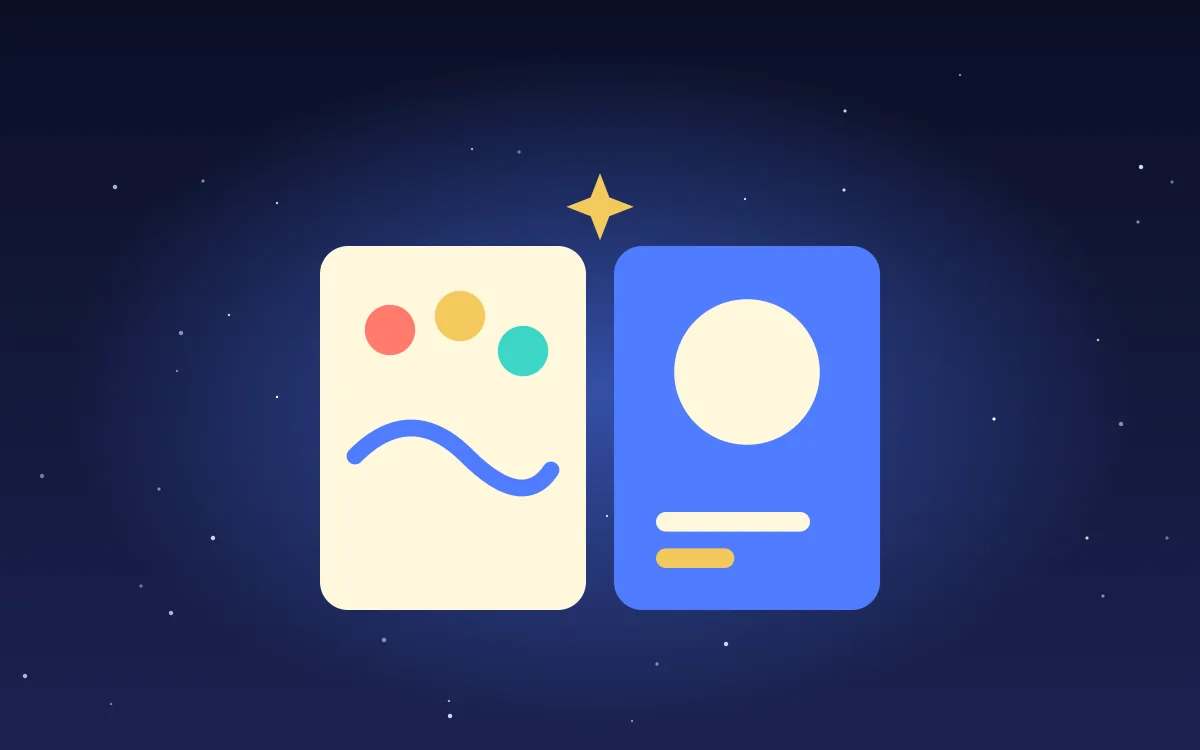 Illustration of a colorful design card next to a blue card with a moon, for the Magicmoon vs Canva comparison