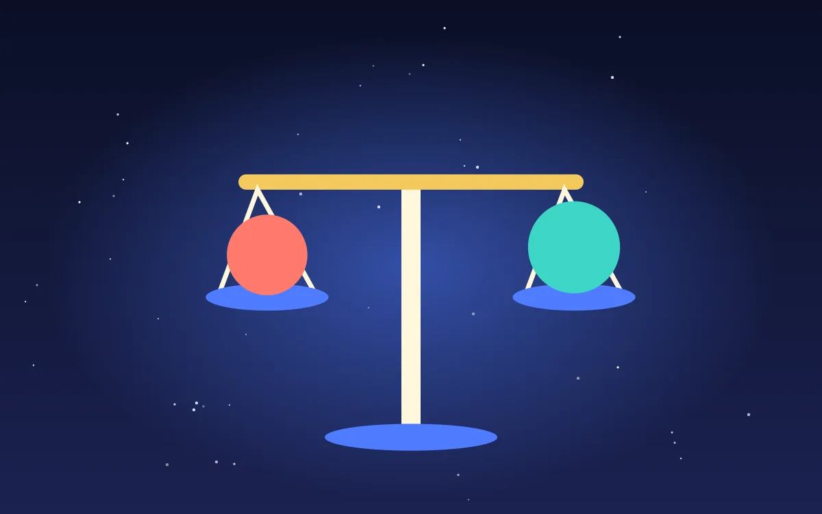 Illustration of a balance scale holding two small planets, for the Magicmoon vs MyDesigns comparison